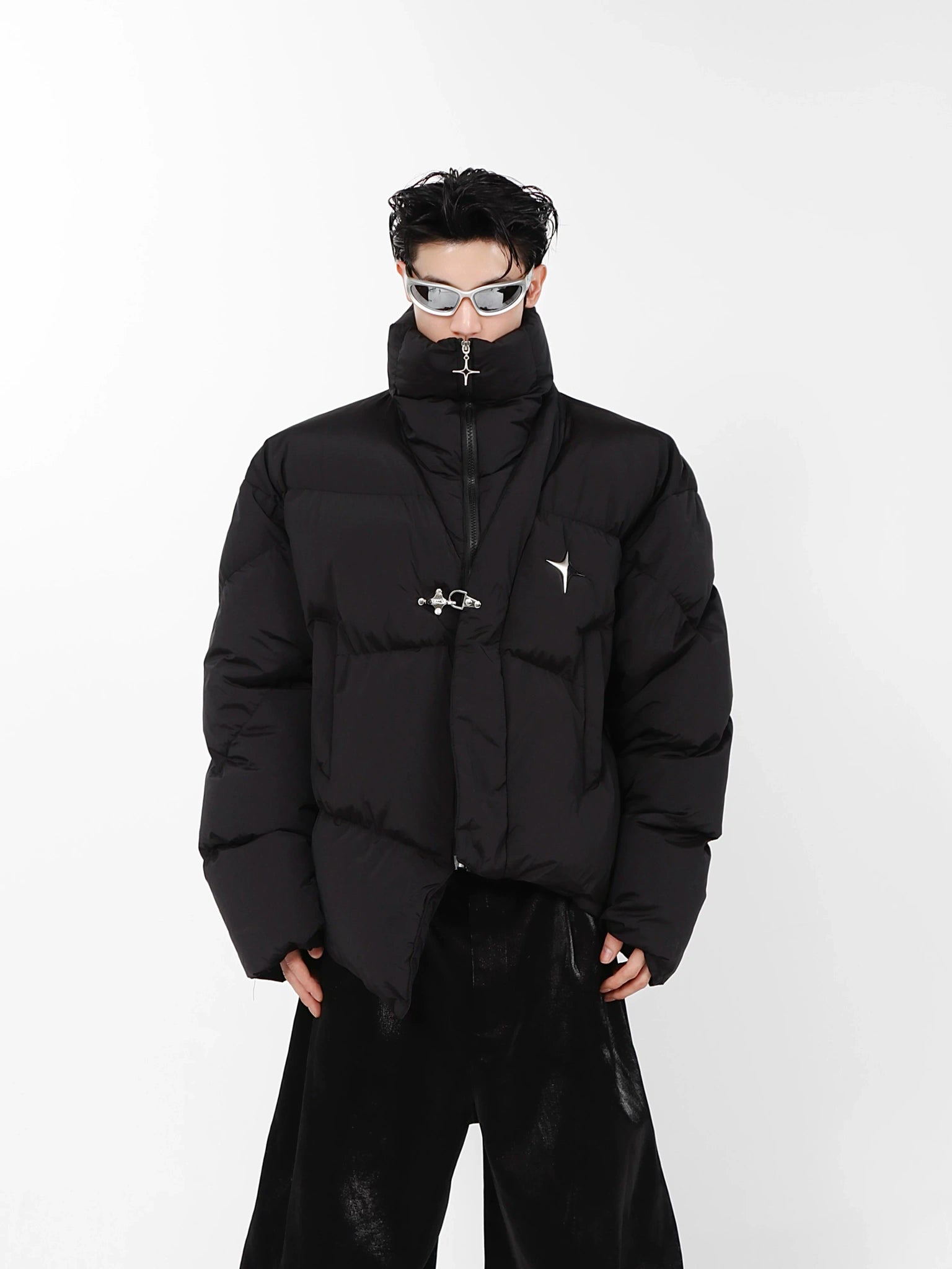 Irregular Metal-Detail Padded Jacket | Loose Fit - Black