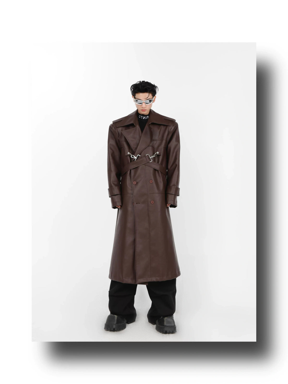 Relaxed Layered PU Long Trench Coat with Metal Details - description image 3