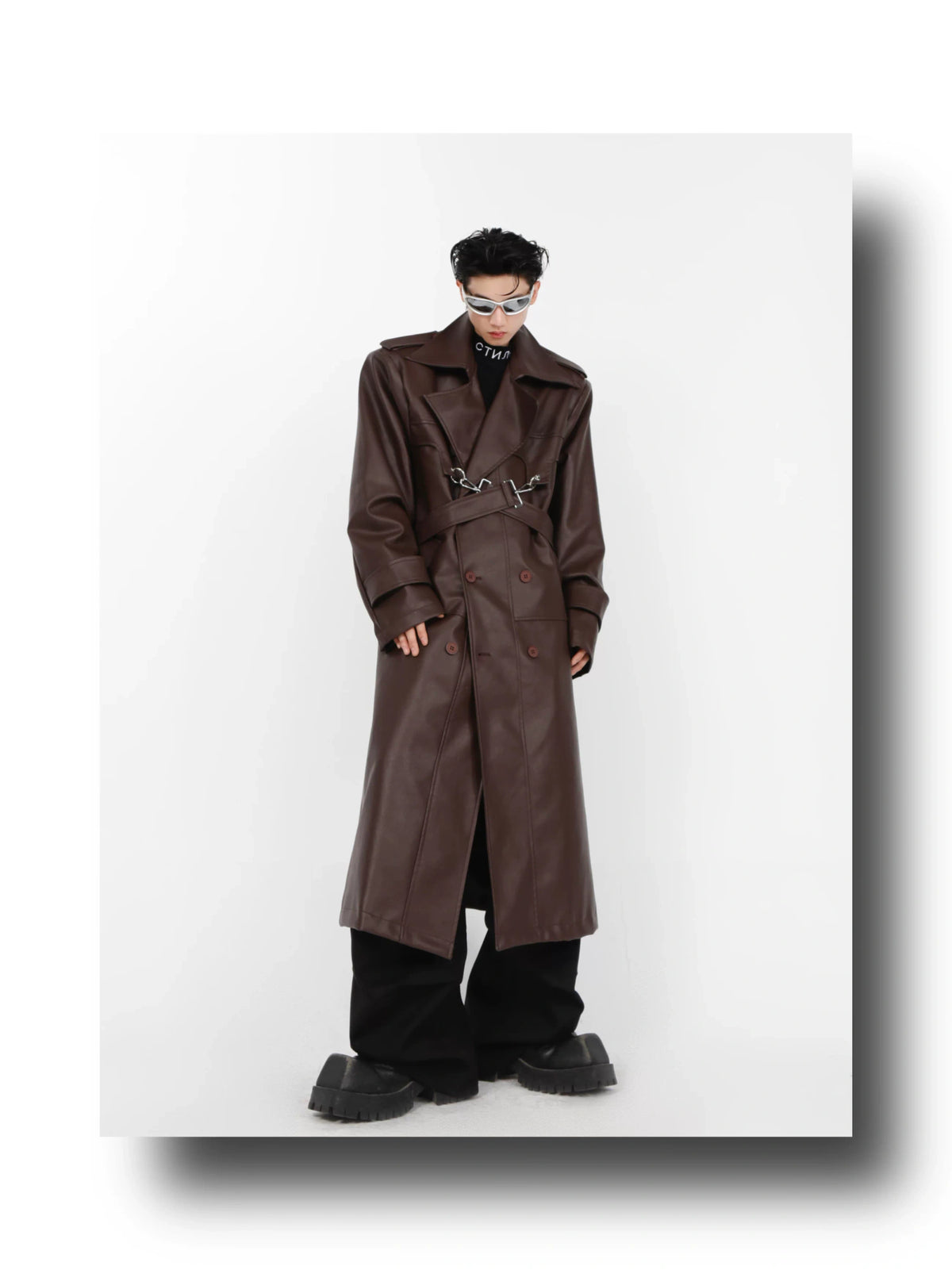 Relaxed Layered PU Long Trench Coat with Metal Details - description image 5