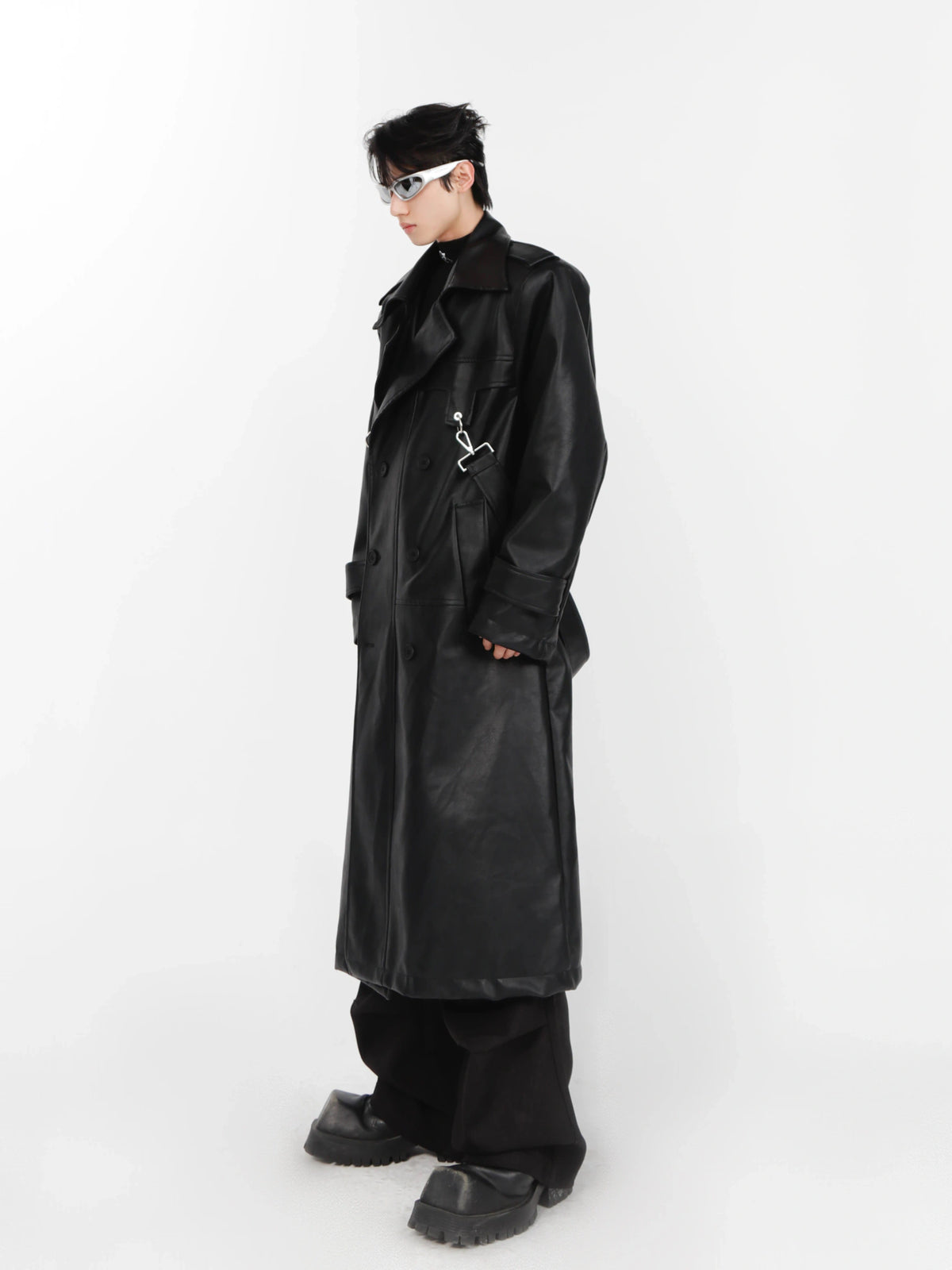 Relaxed Layered PU Long Trench Coat with Metal Details - main image 2