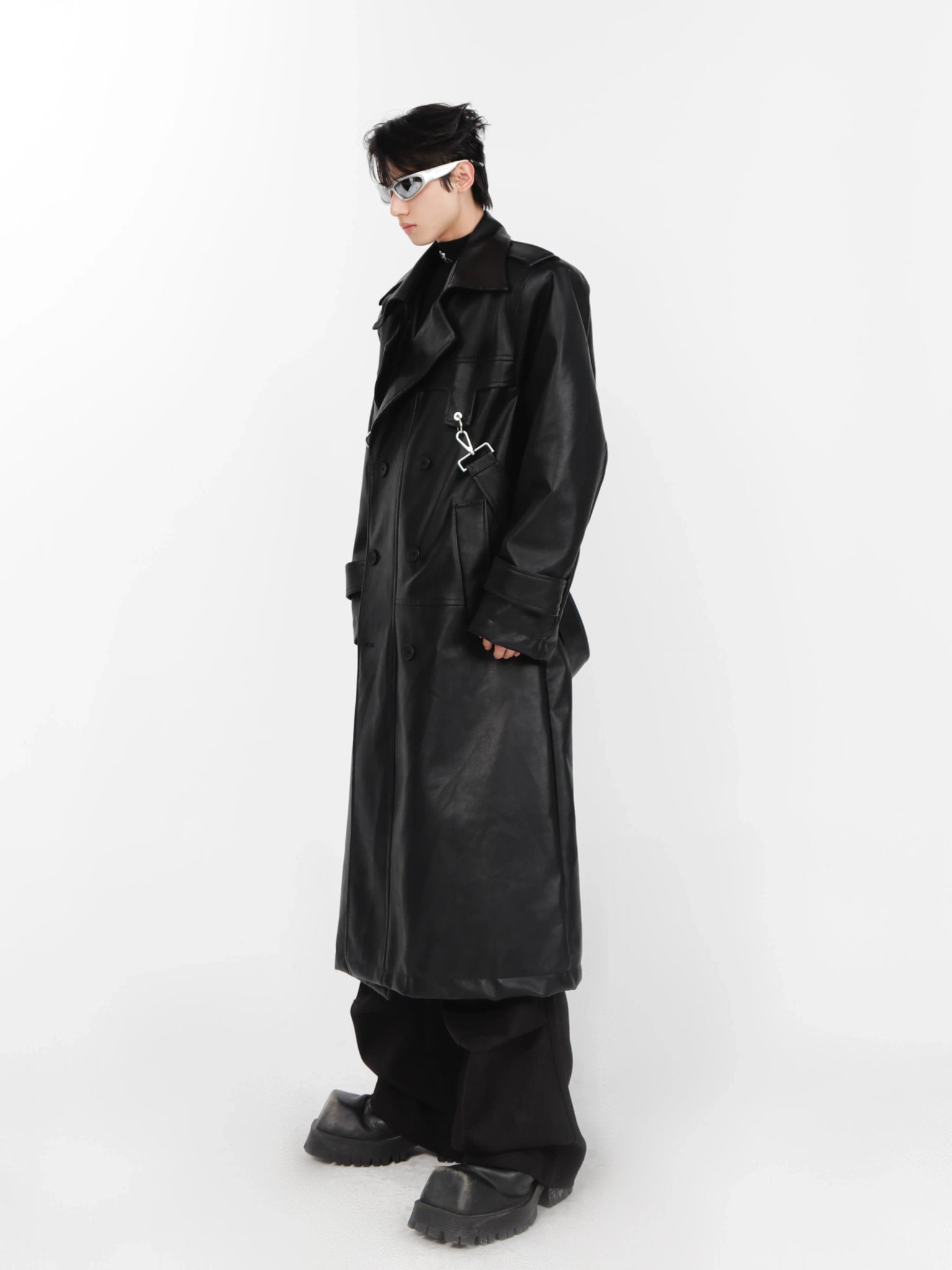 Relaxed Layered PU Long Trench Coat with Metal Details - main image 2