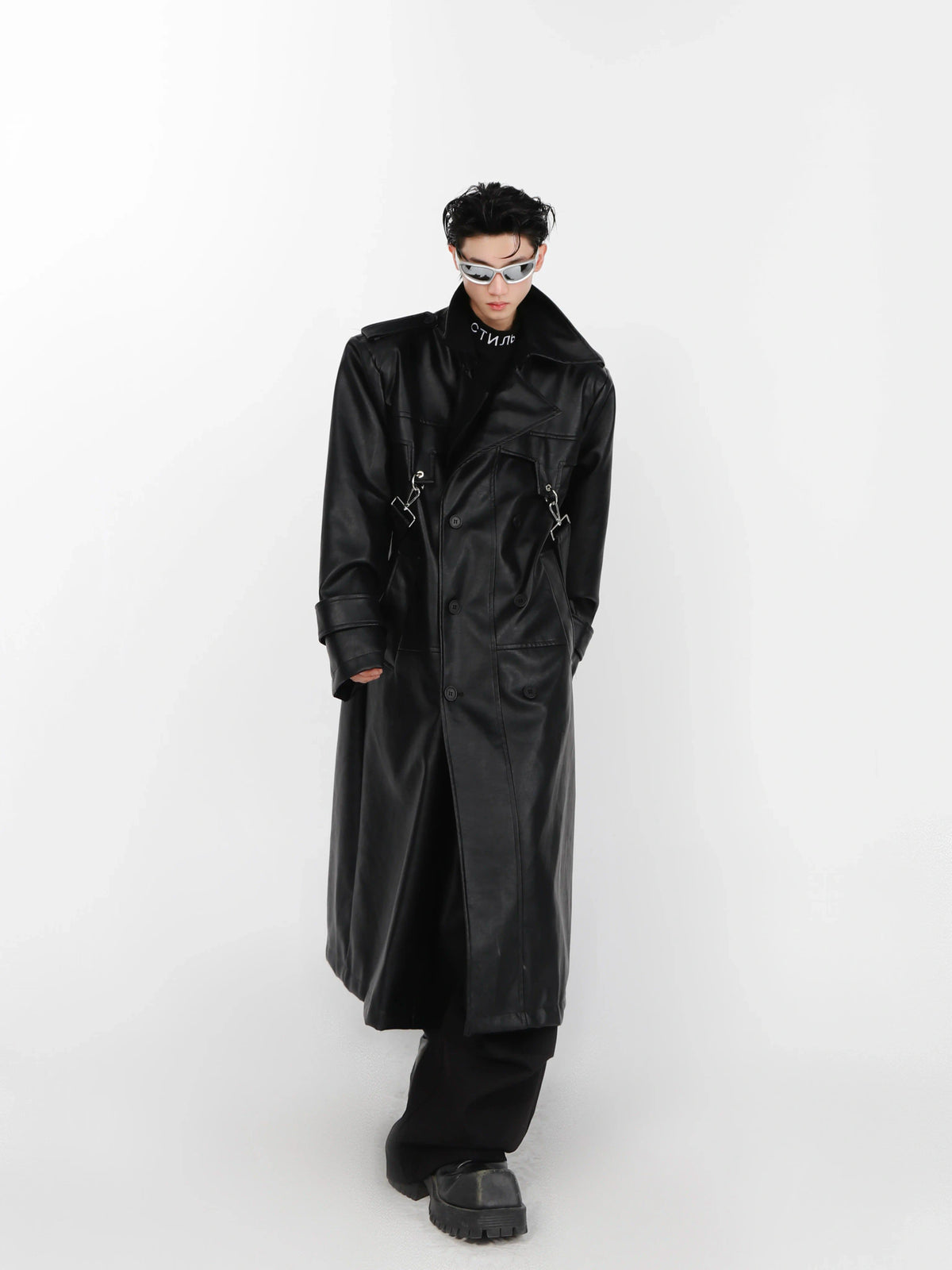 Relaxed Layered PU Long Trench Coat with Metal Details - main image 5