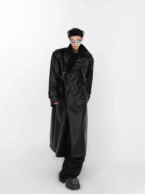 Relaxed Layered PU Long Trench Coat with Metal Details - main image 5