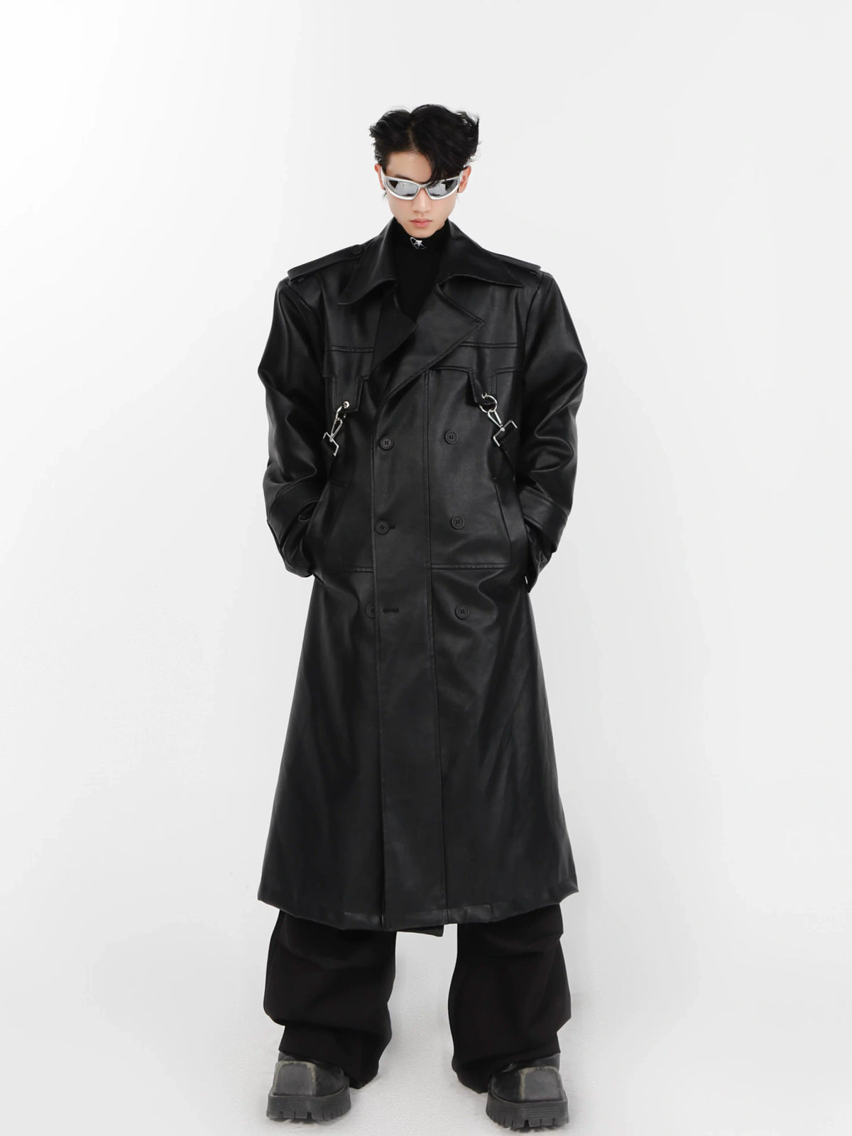 Relaxed Layered PU Long Trench Coat with Metal Details - Black