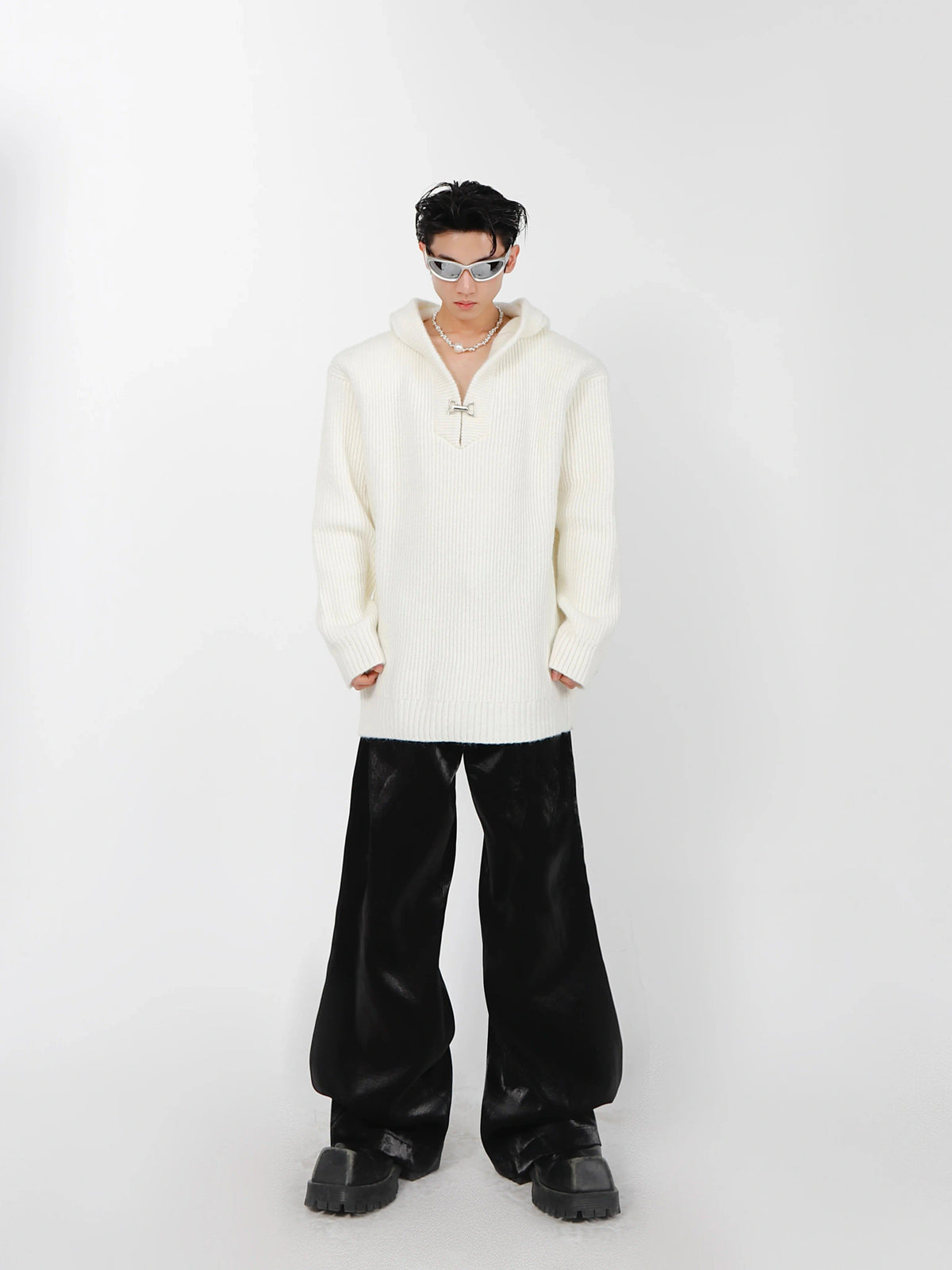 Relaxed Hooded Cotton-Wool Knit Sweater - main image 4