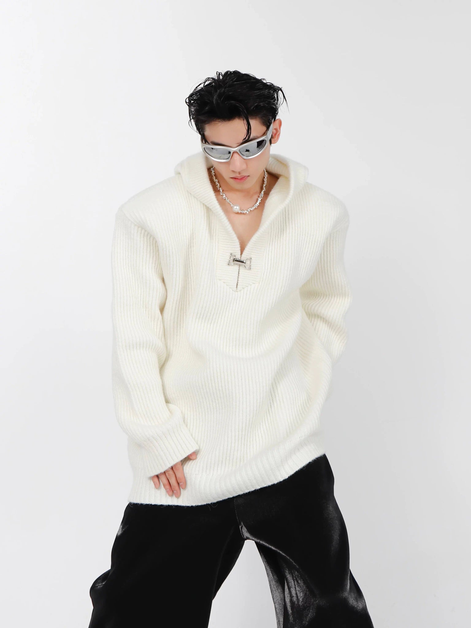 Relaxed Hooded Cotton-Wool Knit Sweater - Cream
