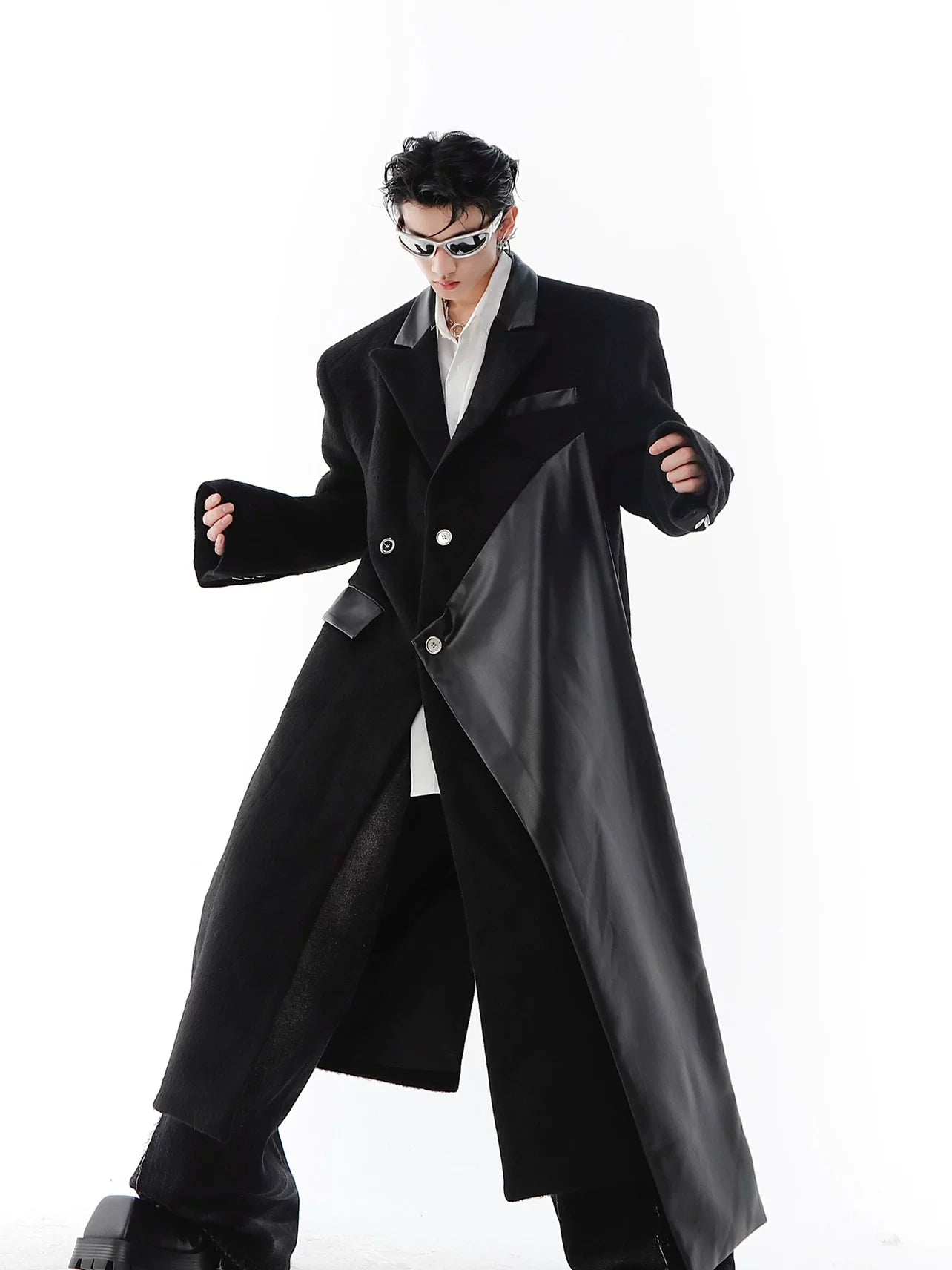 PU-Panel Wool-Blend Long Overcoat with Shoulder Pads - main image 2
