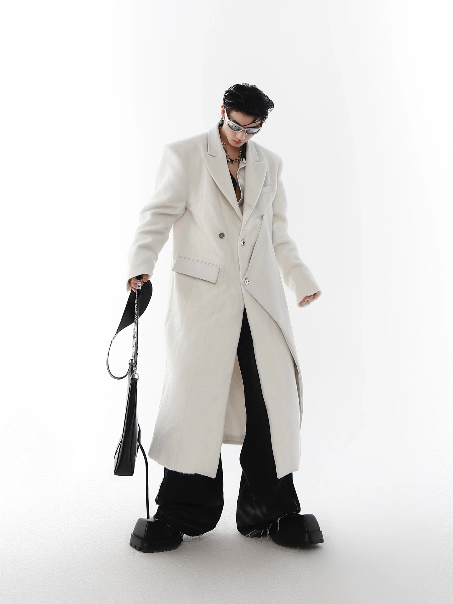 PU-Panel Wool-Blend Long Overcoat with Shoulder Pads - main image 3
