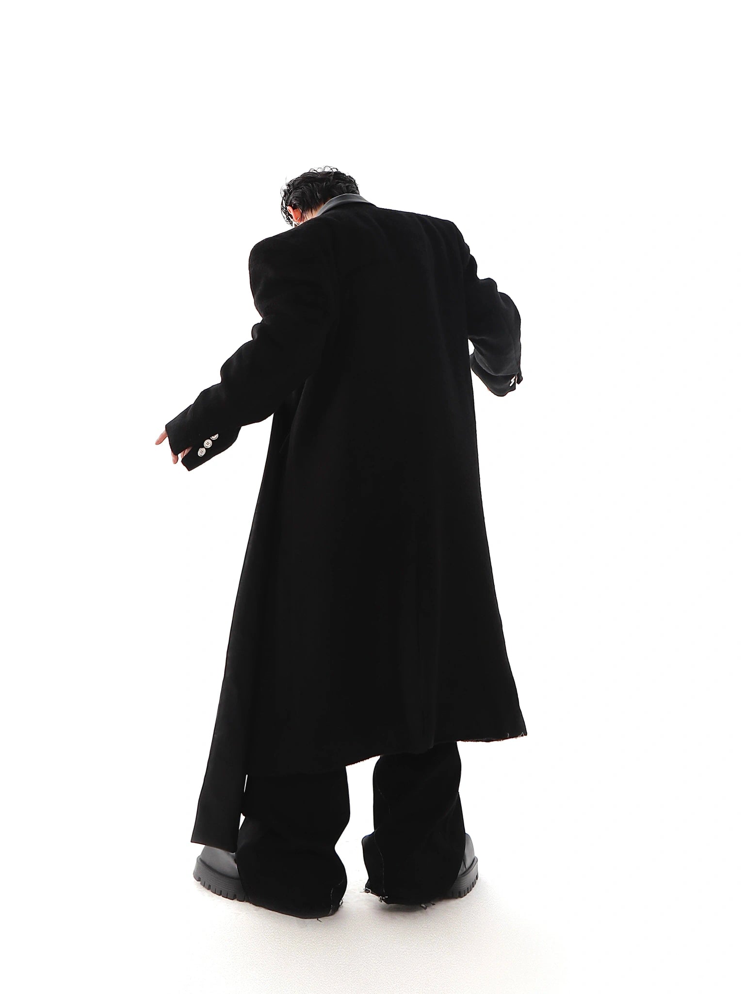 PU-Panel Wool-Blend Long Overcoat with Shoulder Pads - main image 5