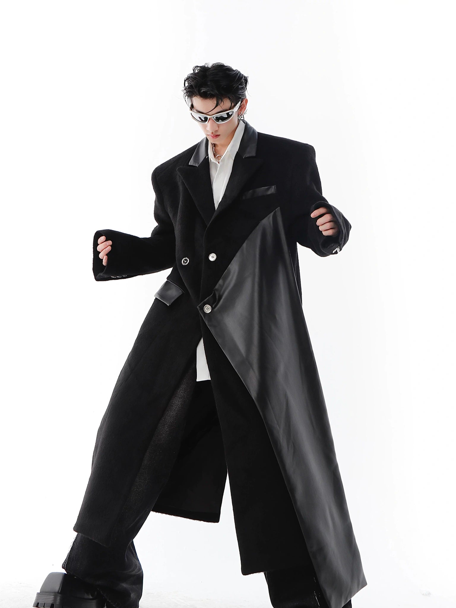 PU-Panel Wool-Blend Long Overcoat with Shoulder Pads - Black