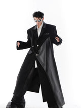 PU-Panel Wool-Blend Long Overcoat with Shoulder Pads - Black
