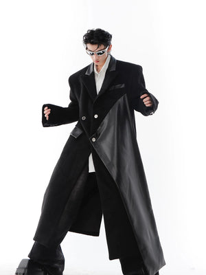PU-Panel Wool-Blend Long Overcoat with Shoulder Pads - Black