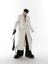 PU-Panel Wool-Blend Long Overcoat with Shoulder Pads - White