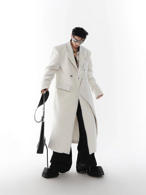PU-Panel Wool-Blend Long Overcoat with Shoulder Pads - White