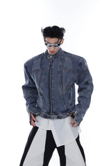 Light Wash Cropped Deconstructed Denim Jacket - Light Blue