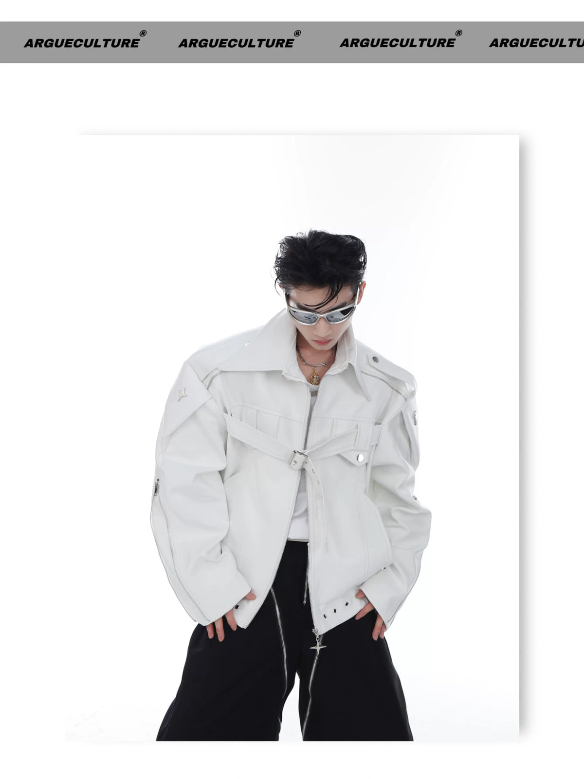 Deconstructed PU Leather Moto Jacket with Metal Details - description image 5