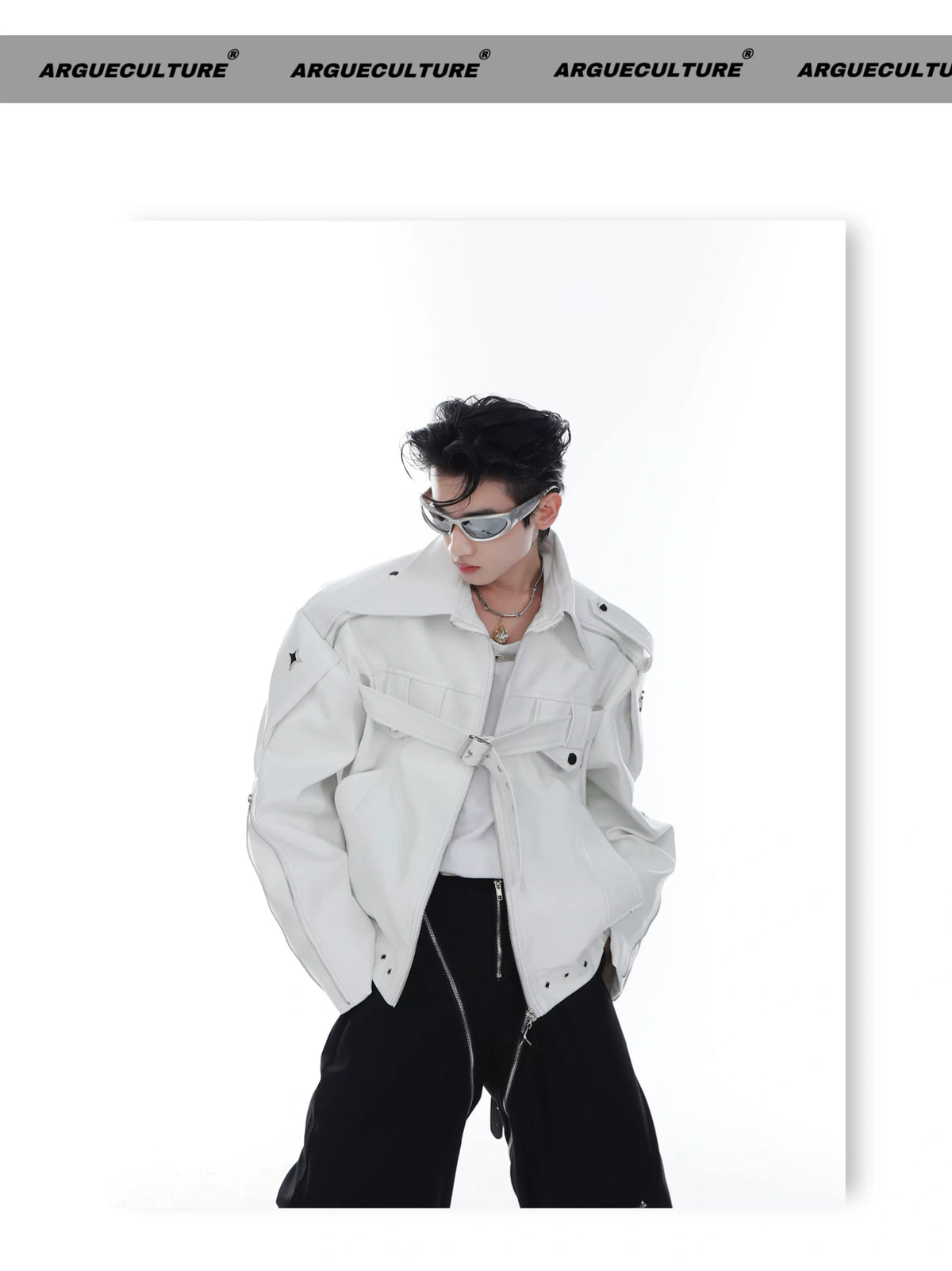 Deconstructed PU Leather Moto Jacket with Metal Details - description image 6