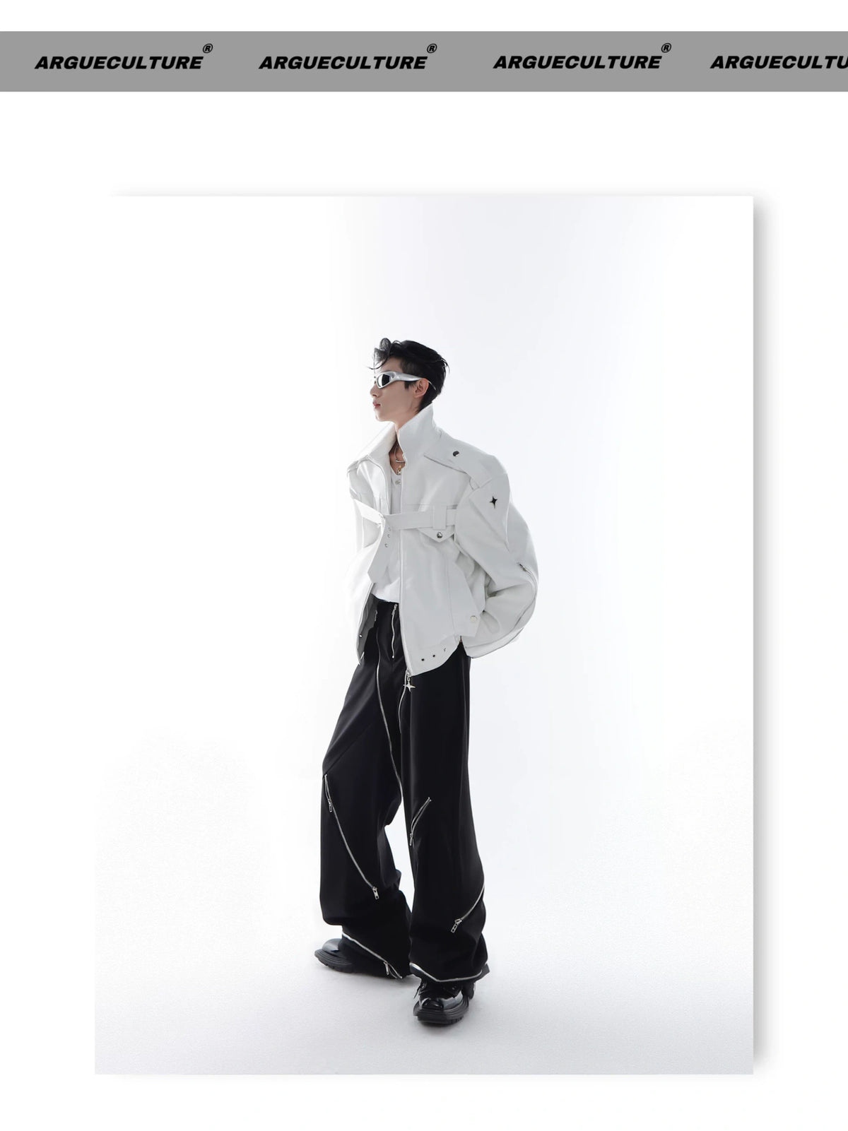 Deconstructed PU Leather Moto Jacket with Metal Details - description image 12