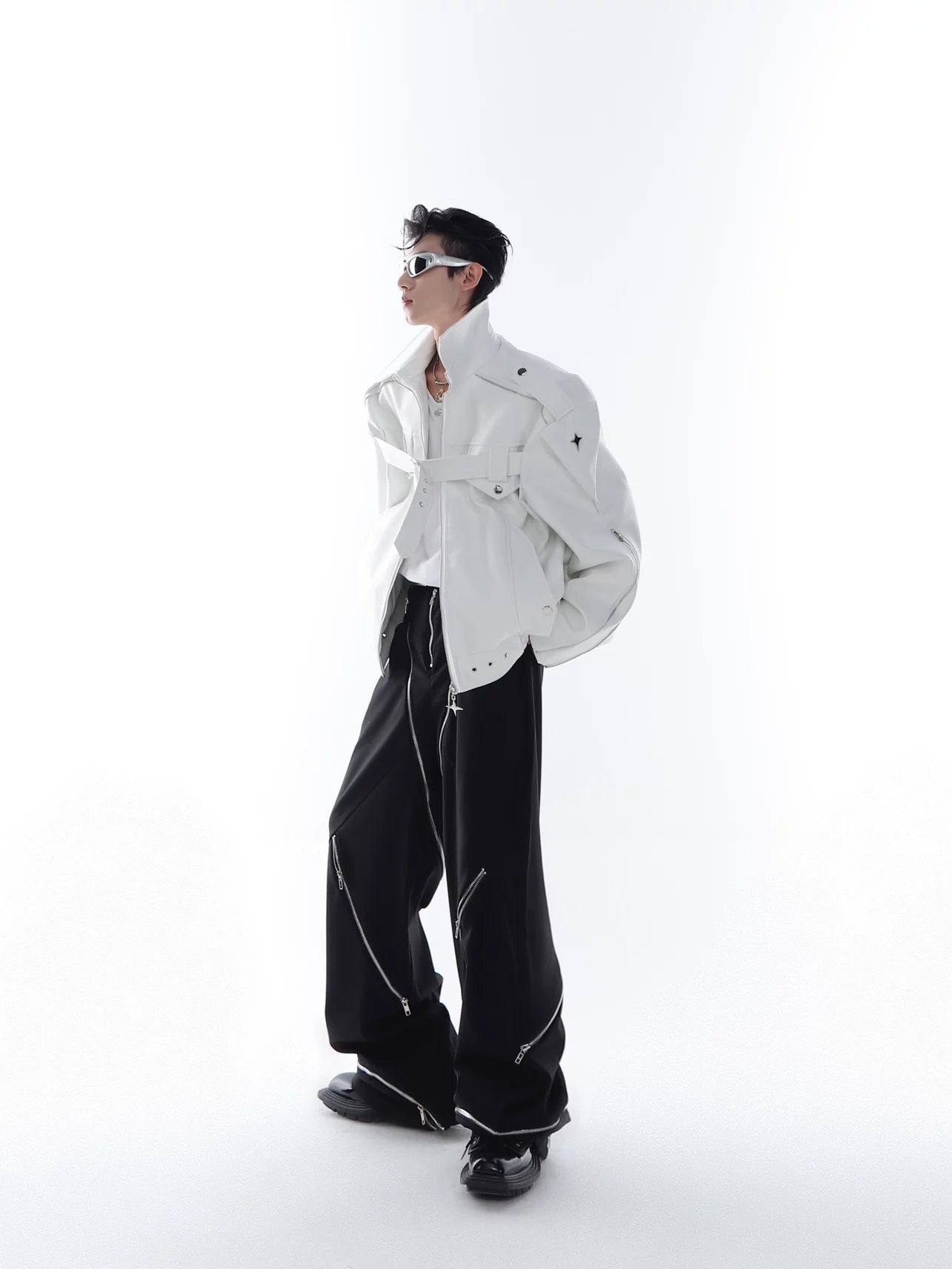 Deconstructed PU Leather Moto Jacket with Metal Details - main image 2