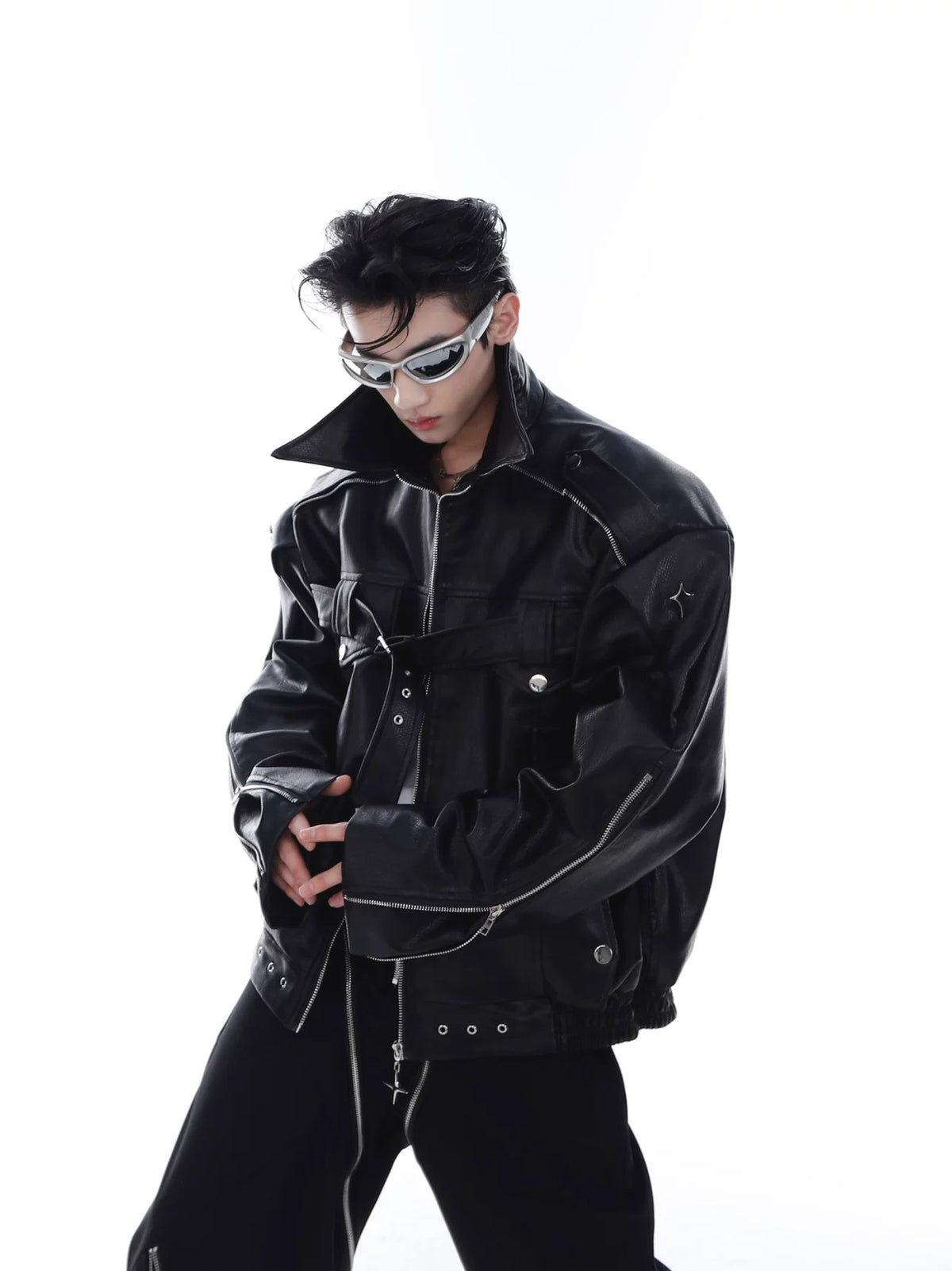 Deconstructed PU Leather Moto Jacket with Metal Details - main image 3