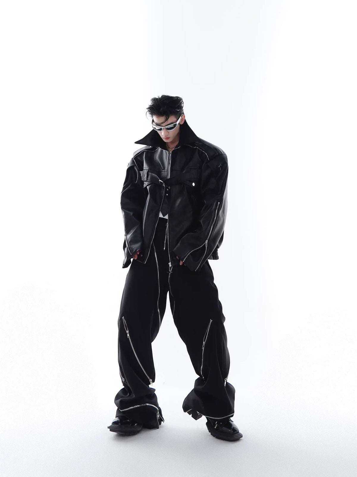 Deconstructed PU Leather Moto Jacket with Metal Details - main image 5