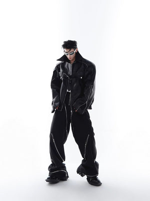 Deconstructed PU Leather Moto Jacket with Metal Details - main image 5