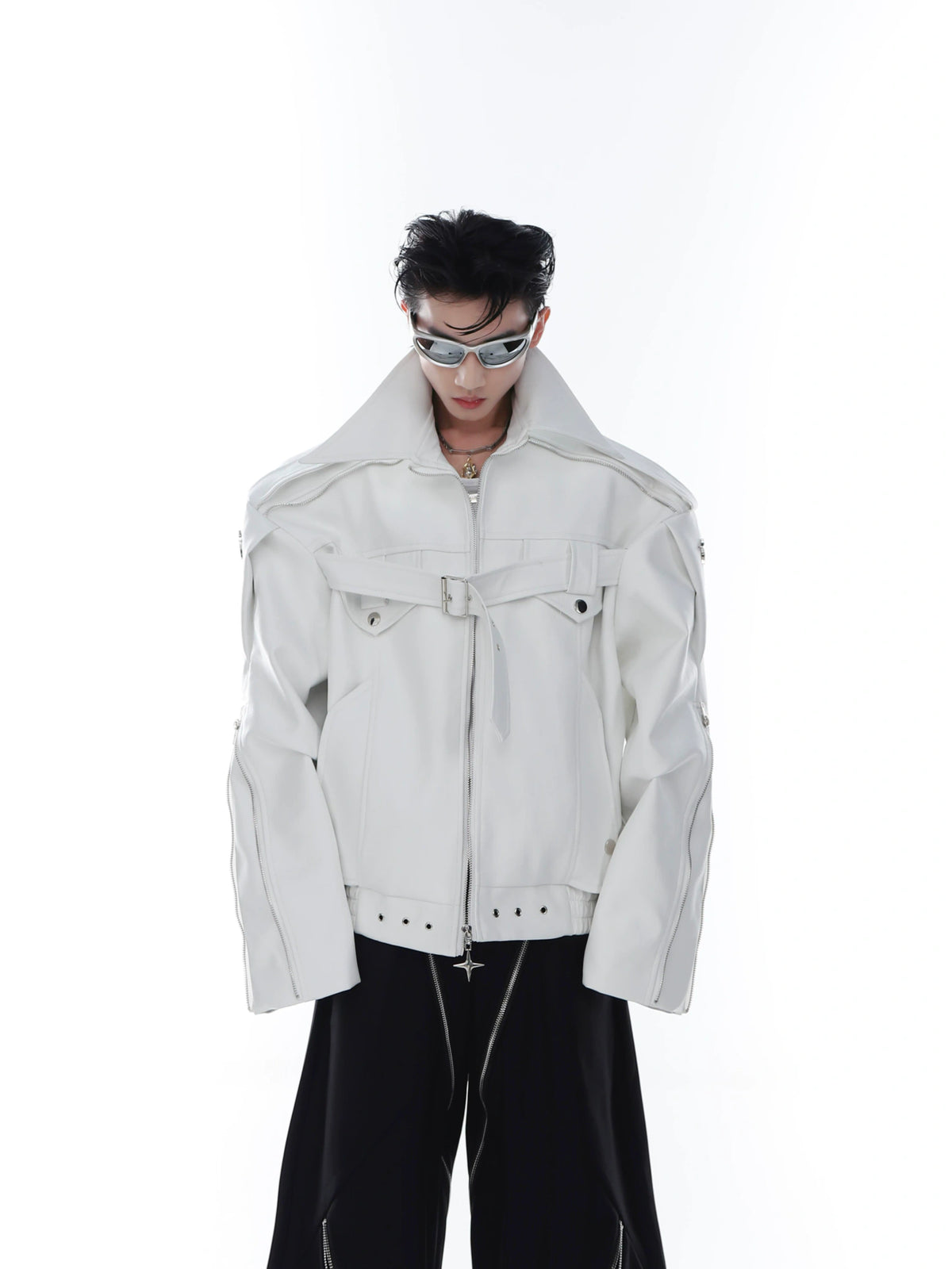 Deconstructed PU Leather Moto Jacket with Metal Details - White