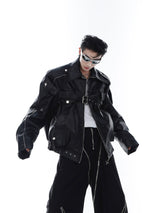 Deconstructed PU Leather Moto Jacket with Metal Details - Black