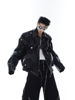 Deconstructed PU Leather Moto Jacket with Metal Details - Black