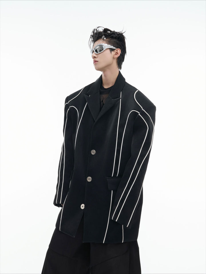 Reflective Strip Faux Leather Blazer with Shoulder Pads - ArgueCulture