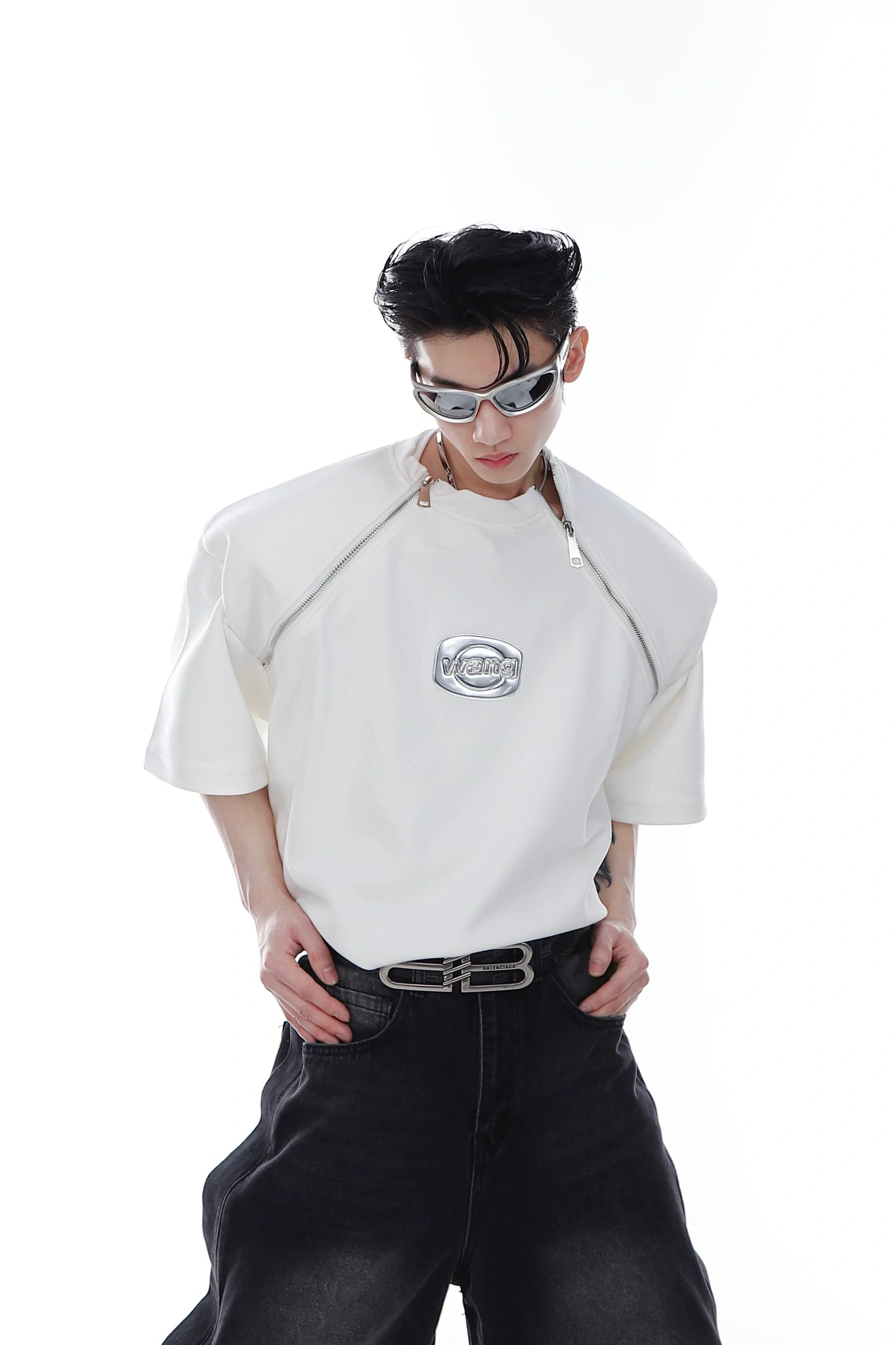 Relaxed Cotton Shoulder-Pad Zip-Detail T-Shirt - White
