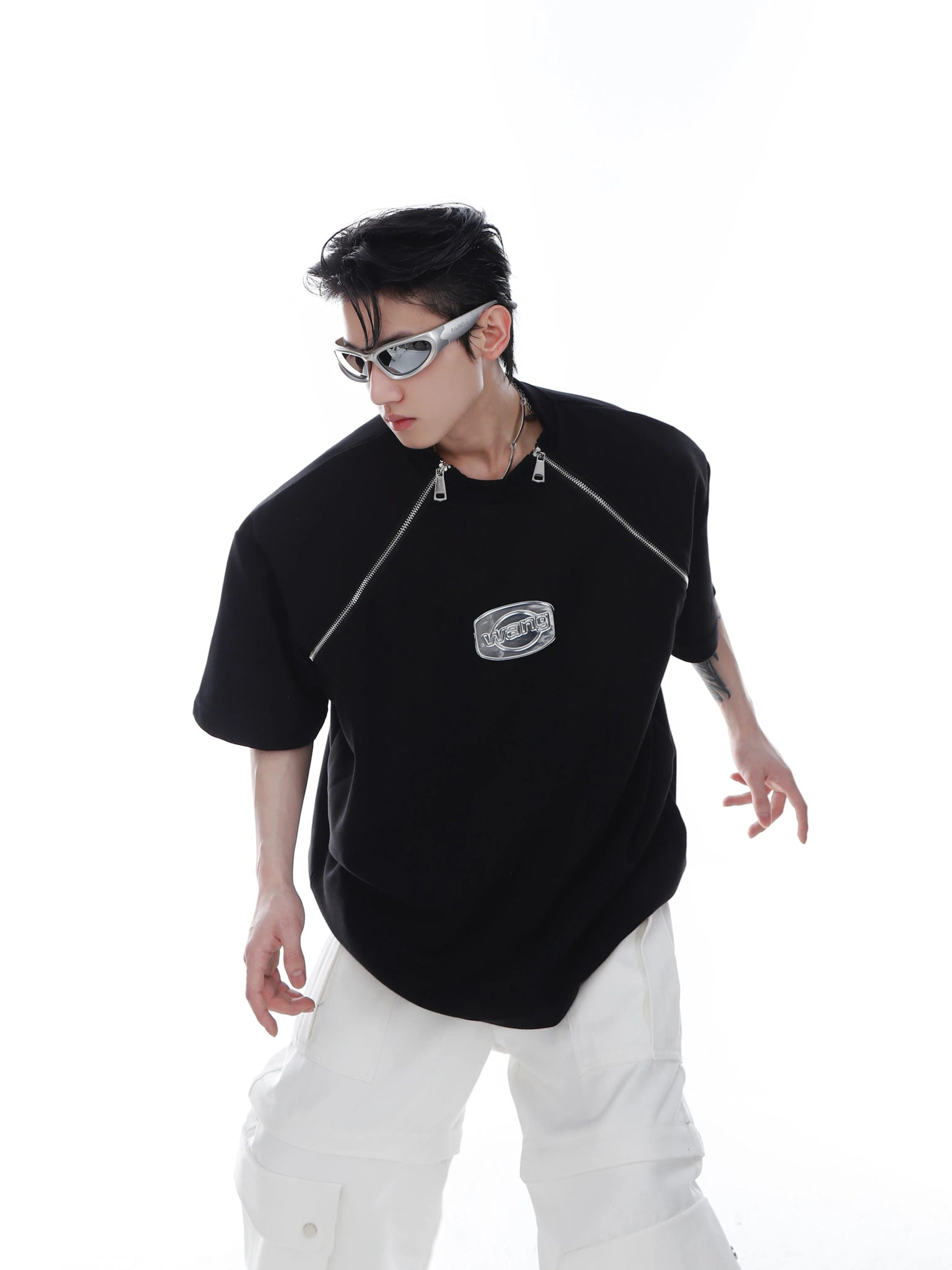Relaxed Cotton Shoulder-Pad Zip-Detail T-Shirt - Black