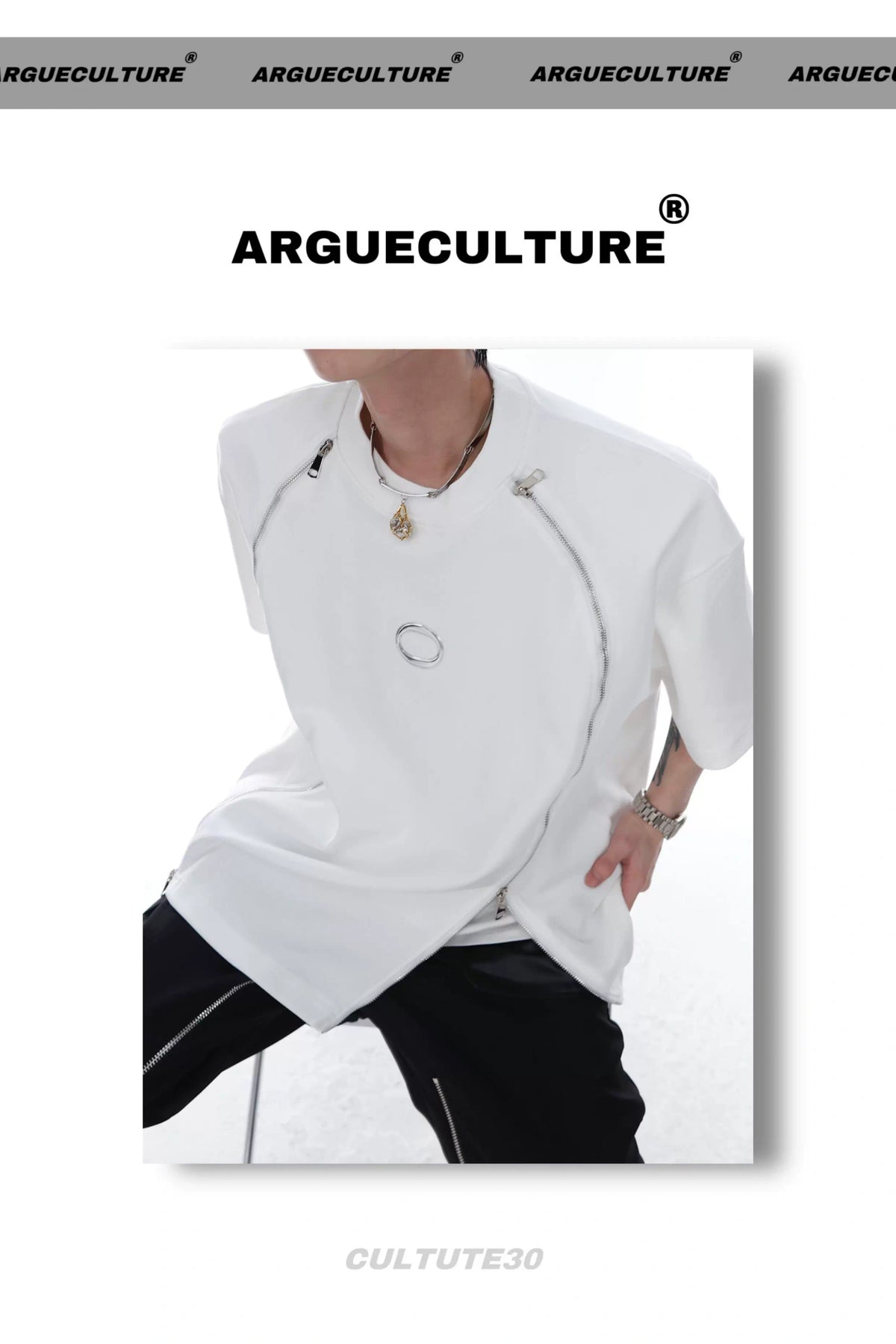 Relaxed Cotton Dual-Zip Metal-Print T-Shirt - description image 10