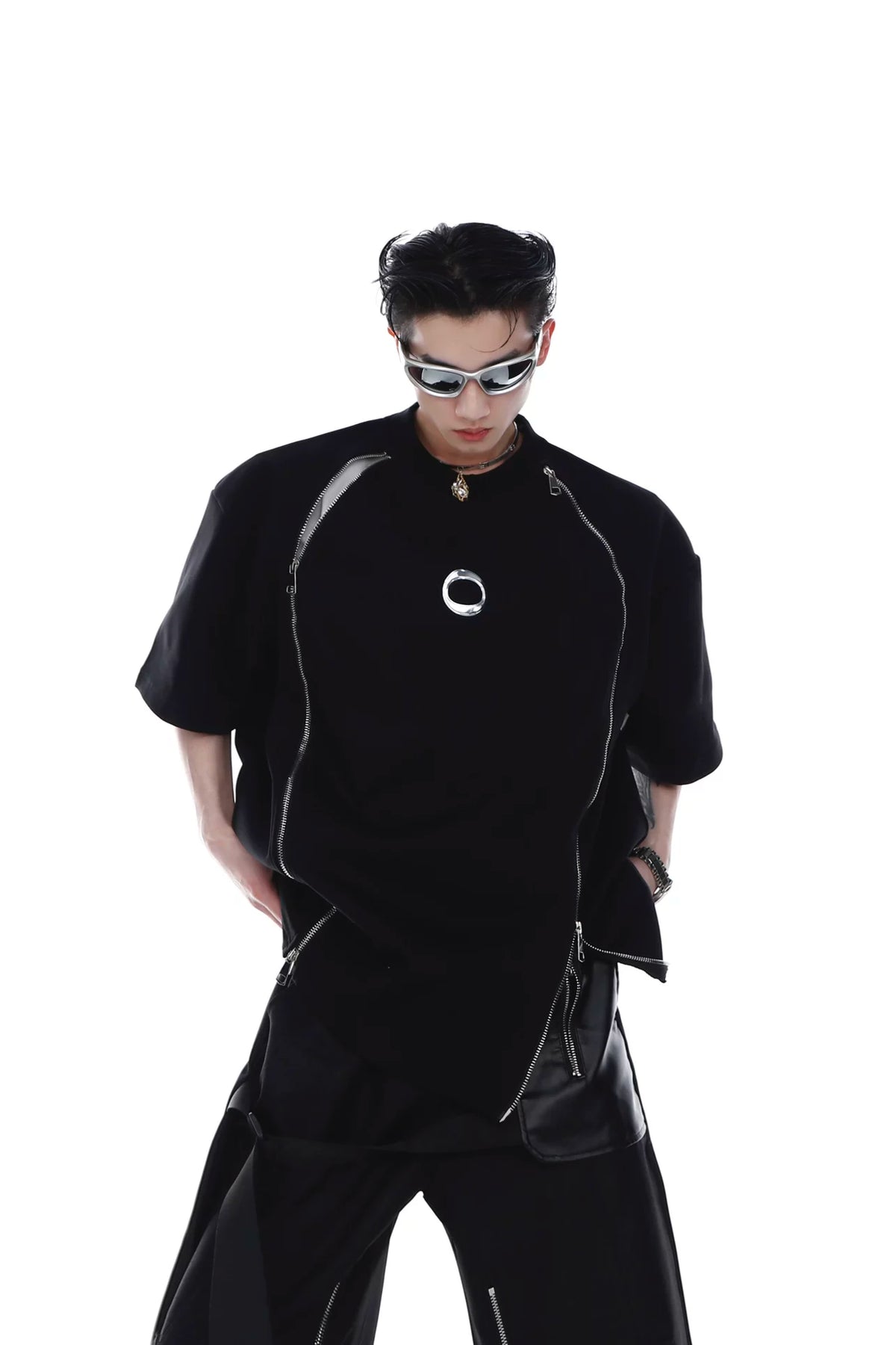 Relaxed Cotton Dual-Zip Metal-Print T-Shirt - Black