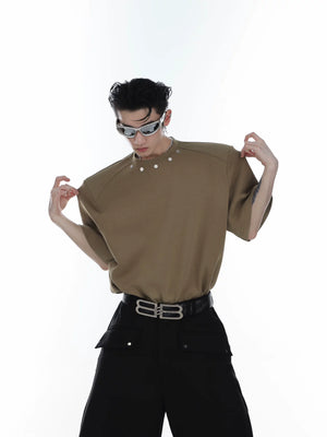 Oversized Cotton Metal-Button Shoulder-Pad T-Shirt - main image 4