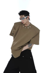 Oversized Cotton Metal-Button Shoulder-Pad T-Shirt - Brown