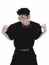 Oversized Cotton Metal-Button Shoulder-Pad T-Shirt - Black