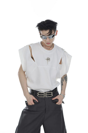 Deconstructed Relaxed Tank Top with Cutout Details - White