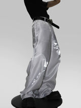 Liquid-Sheen Straight-Leg Trousers | High-Waist - Liquid Gray-White