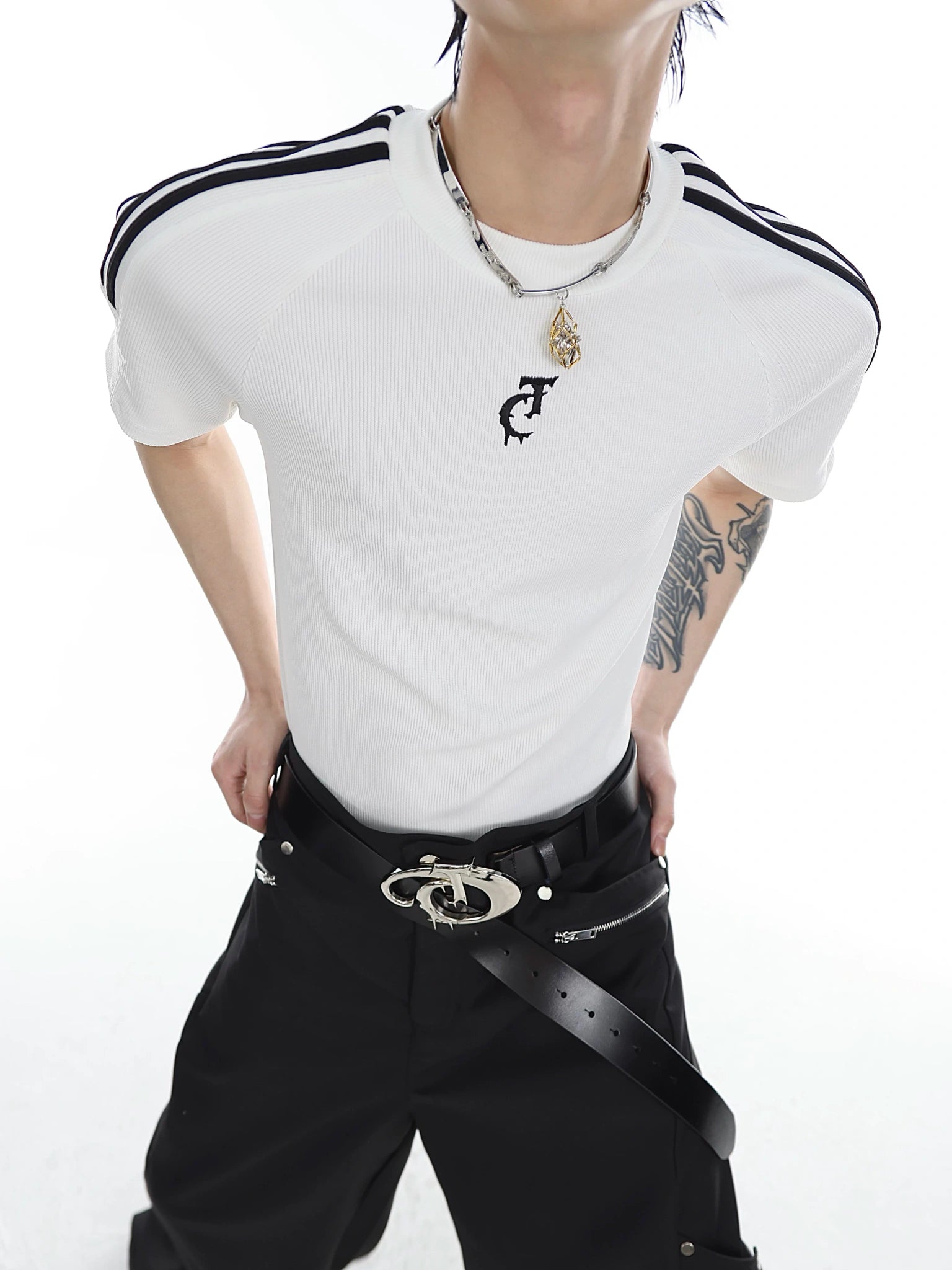 Unisex Cotton Three-Stripe Textured Fitted Tee - White