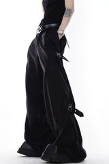 Adjustable Strap Wide-Leg Cotton Modal Trousers - Black