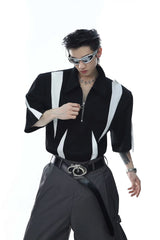 Contrast Panel Zip Polo Shirt with Metal Zipper - Black