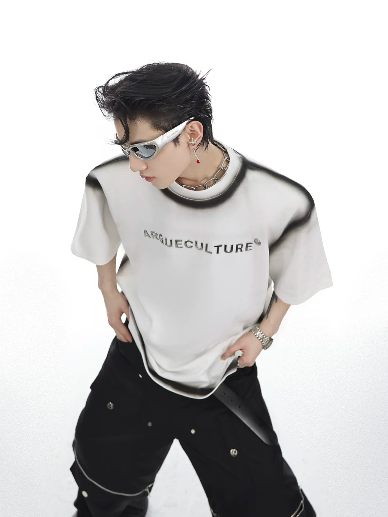 Gradient Metal Print Shoulder T-Shirt | Relaxed Fit - White