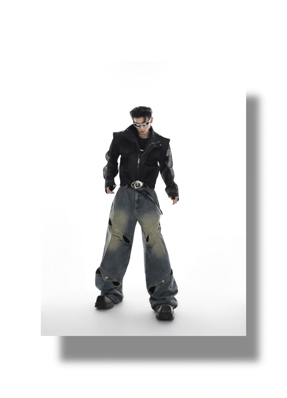 Cutout Washed Cotton Straight-Leg Jeans | G136 - description image 1