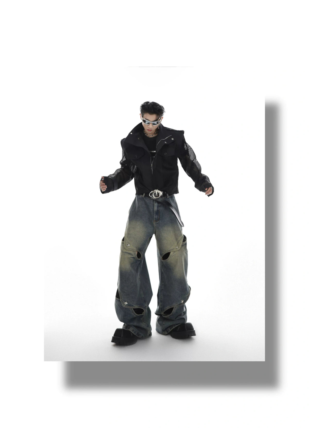 Cutout Washed Cotton Straight-Leg Jeans | G136 - description image 2