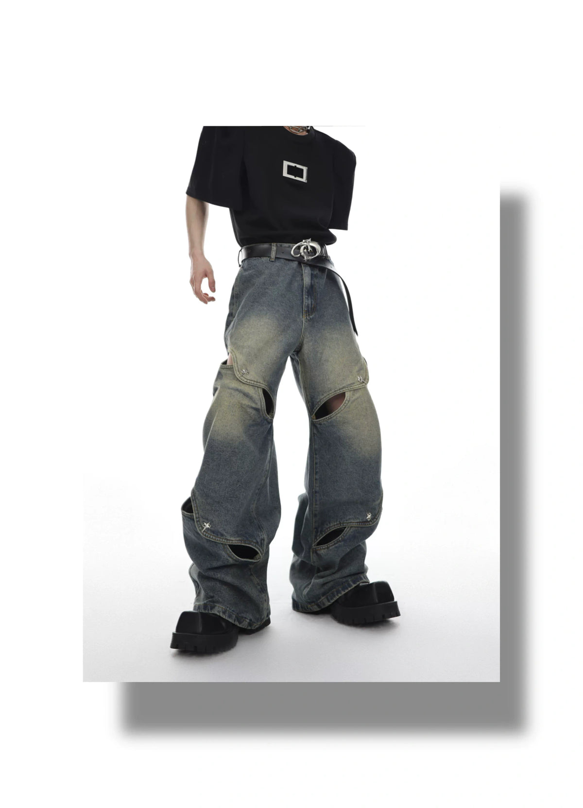 Cutout Washed Cotton Straight-Leg Jeans | G136 - description image 6