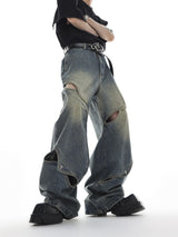 Cutout Washed Cotton Straight-Leg Jeans | G136 - Blue