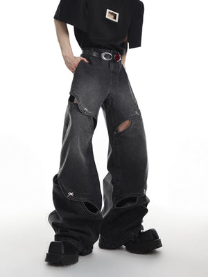 Cutout Washed Cotton Straight-Leg Jeans | G136 - Black