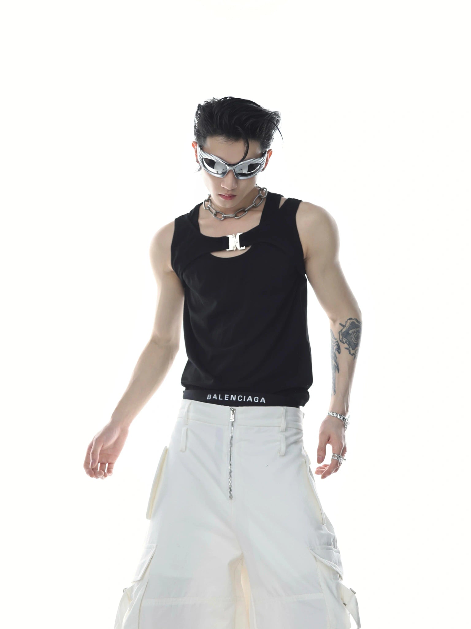 Metal Buckle Double-Layer Tank Top | Sleeveless - Black