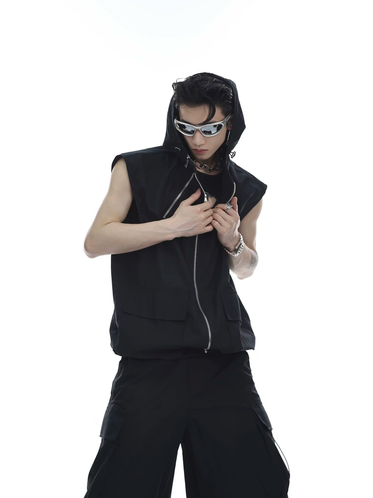 Deconstructed Hooded Vest and Cargo Pants Set - Black Vest